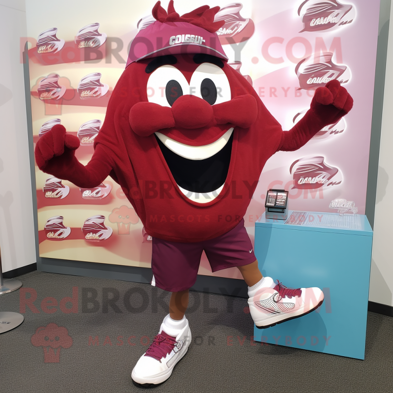 Maroon Candy mascot costume character dressed with a Running Shorts and Shoe clips