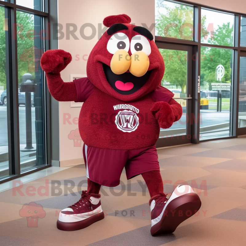 Maroon Candy mascot costume character dressed with a Running Shorts and Shoe clips