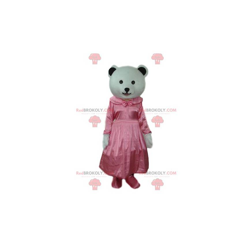 Mascotte d'oursonne blanche avec une robe rose en satin -
