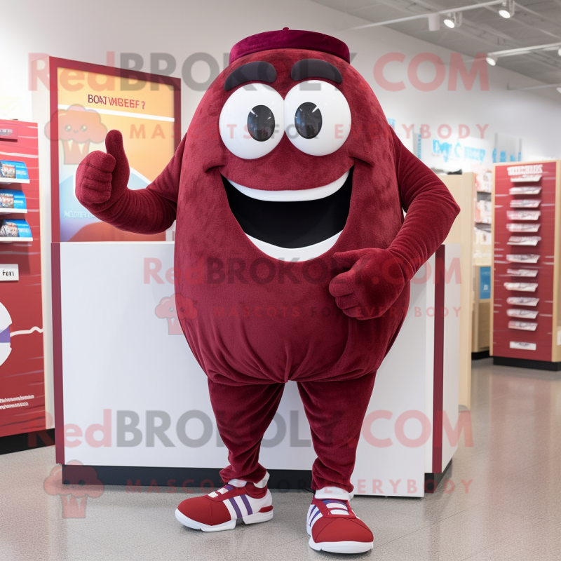 Maroon Candy mascot costume character dressed with a Running Shorts and Shoe clips