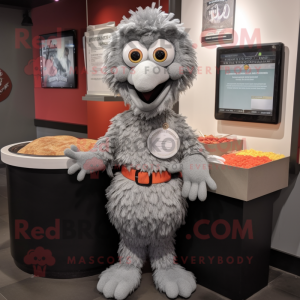 Gray Chicken Parmesan mascot costume character dressed with a Henley Shirt and Bracelets