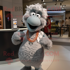 Gray Chicken Parmesan mascot costume character dressed with a Henley Shirt and Bracelets