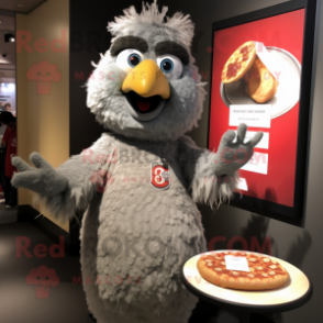 Gray Chicken Parmesan mascot costume character dressed with a Henley Shirt and Bracelets