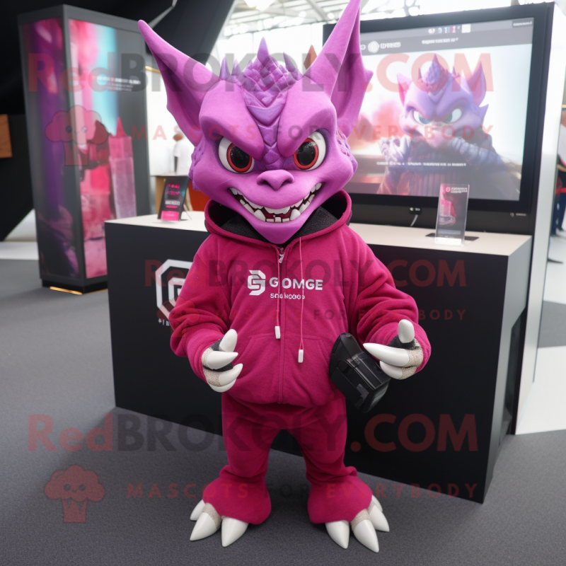 Magenta Gargoyle mascot costume character dressed with a Sweatshirt and Lapel pins