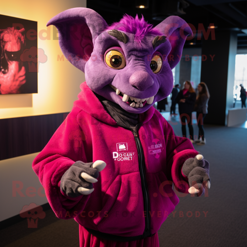 Magenta Gargoyle mascot costume character dressed with a Sweatshirt and Lapel pins