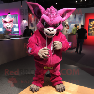 Magenta Gargoyle mascot costume character dressed with a Sweatshirt and Lapel pins
