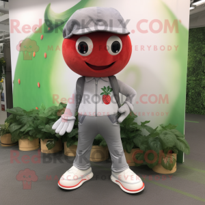 Gray Strawberry mascot costume character dressed with a Chinos and Shoe laces