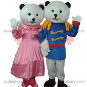 Duo de mascotte d'oursonne et d'ourson blancs en tenue de