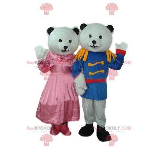 Maskotduo av bamse og hvit bamse i Prince-antrekk -