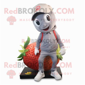 Gray Strawberry mascot costume character dressed with a Chinos and Shoe laces