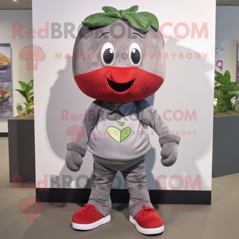 Gray Strawberry mascot costume character dressed with a Chinos and Shoe laces Gray Strawberry mascot costume character dressed with a Chinos and Shoe laces