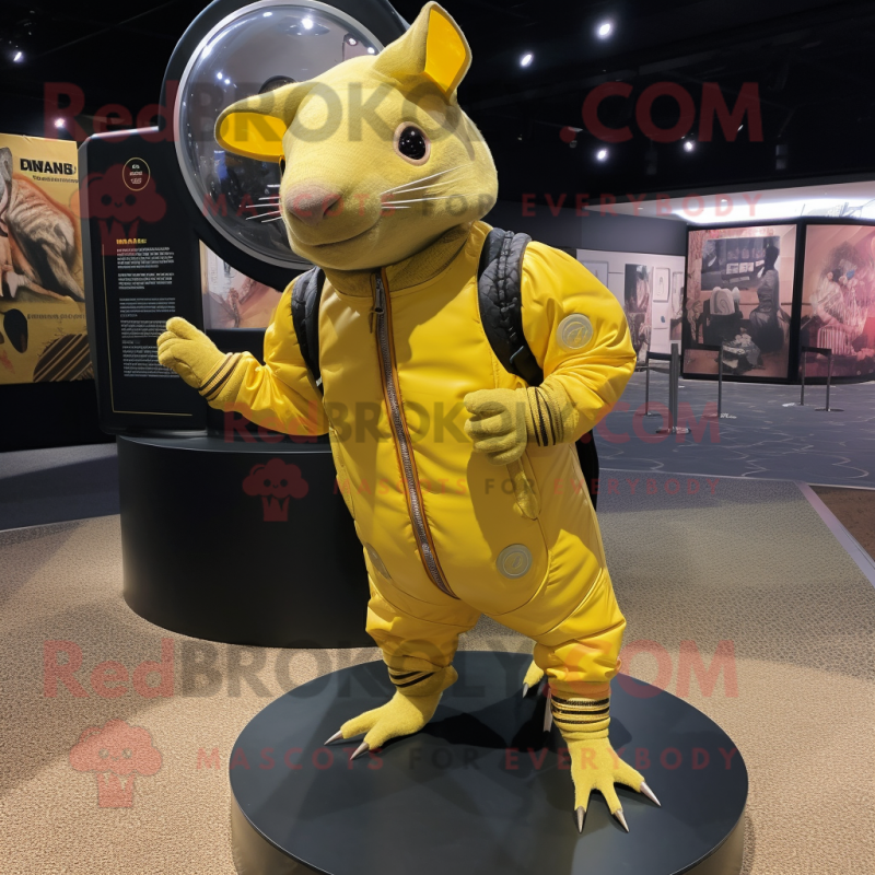 Lemon Yellow Armadillo mascot costume character dressed with a Bomber Jacket and Cummerbunds