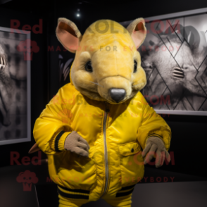 Lemon Yellow Armadillo mascot costume character dressed with a Bomber Jacket and Cummerbunds