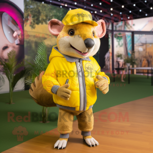 Lemon Yellow Armadillo mascot costume character dressed with a Bomber Jacket and Cummerbunds