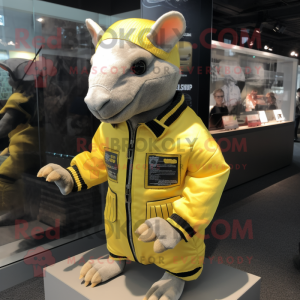 Lemon Yellow Armadillo mascot costume character dressed with a Bomber Jacket and Cummerbunds