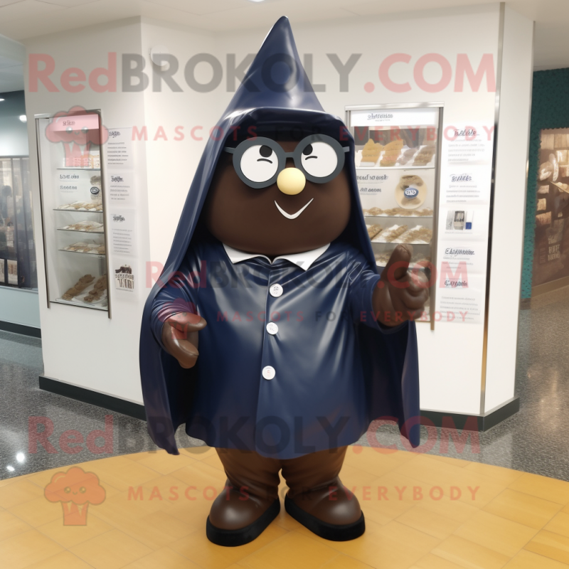 Navy Chocolates mascot costume character dressed with a Raincoat and Reading glasses Navy Chocolates mascot costume character dressed with a Raincoat and Reading glasses