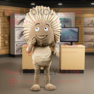 Beige Trilobite mascot costume character dressed with a Henley Shirt and Hair clips