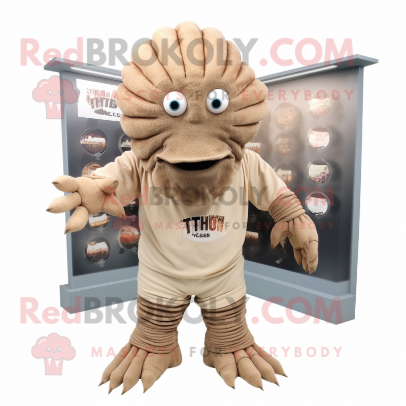 Beige Trilobite mascot costume character dressed with a Henley Shirt and Hair clips Beige Trilobite mascot costume character dressed with a Henley Shirt and Hair clips