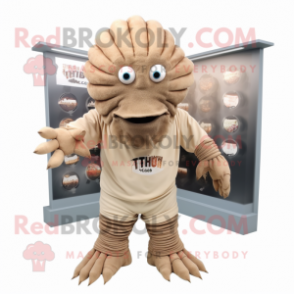 Beige Trilobite mascot costume character dressed with a Henley Shirt and Hair clips