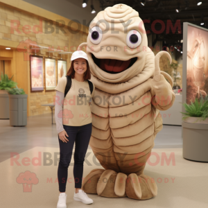 Beige Trilobite mascot costume character dressed with a Henley Shirt and Hair clips