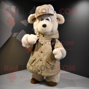 Beige Sheep mascot costume character dressed with a Parka and Gloves