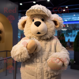 Beige Sheep mascot costume character dressed with a Parka and Gloves