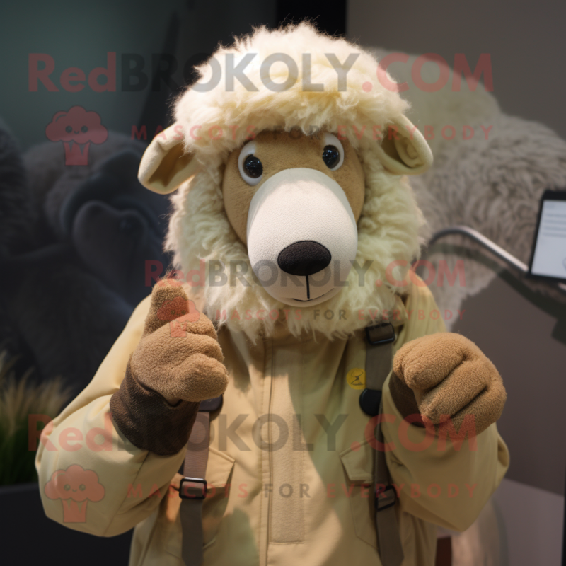 Beige Sheep mascot costume character dressed with a Parka and Gloves