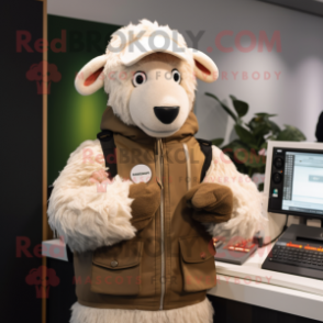 Beige Sheep mascot costume character dressed with a Parka and Gloves