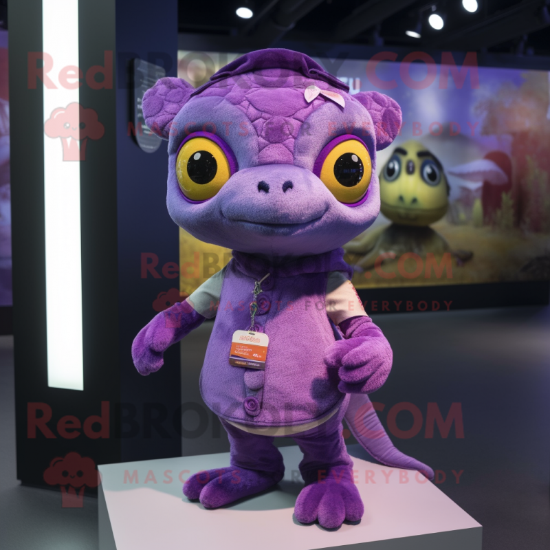 Purple Geckos mascot costume character dressed with a Mini Skirt and Mittens Purple Geckos mascot costume character dressed with a Mini Skirt and Mittens