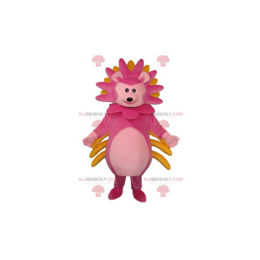 Very original pink lion cub mascot with a colorful mane -