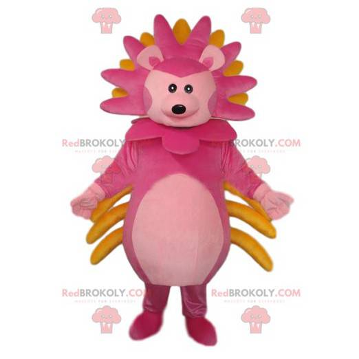 Very original pink lion cub mascot with a colorful mane -