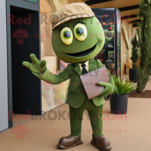Olive Graveyard mascot costume character dressed with a Suit and Clutch bags