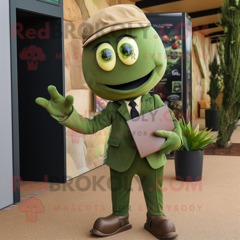 Olive Graveyard mascot costume character dressed with a Suit and Clutch bags