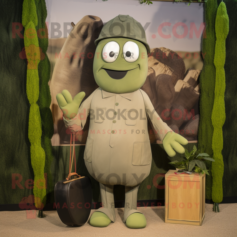 Olive Graveyard mascot costume character dressed with a Suit and Clutch bags Olive Graveyard mascot costume character dressed with a Suit and Clutch bags