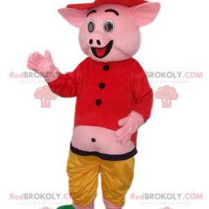 Mascotte maiale rosa con una maglietta e un cappello di paglia