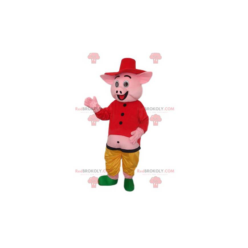 Mascote porco rosa com uma camisa e um chapéu de palha -