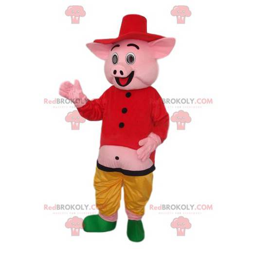 Mascota de cerdo rosa con una camisa y un sombrero de paja -