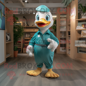 Teal Geese mascot costume character dressed with a Dungarees and Headbands