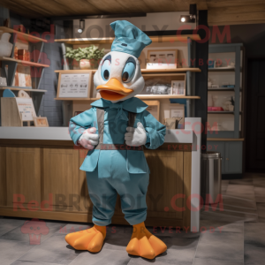 Teal Geese mascot costume character dressed with a Dungarees and Headbands