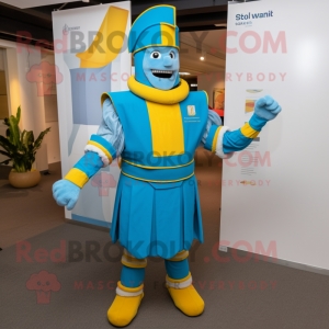 Cyan Swiss Guard mascot costume character dressed with a Jumpsuit and Headbands