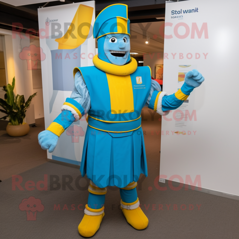 Cyan Swiss Guard mascot costume character dressed with a Jumpsuit and Headbands Cyan Swiss Guard mascot costume character dressed with a Jumpsuit and Headbands