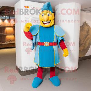 Cyan Swiss Guard mascot costume character dressed with a Jumpsuit and Headbands