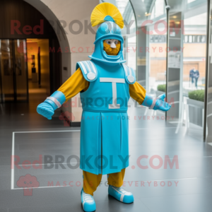 Cyan Swiss Guard mascot costume character dressed with a Jumpsuit and Headbands