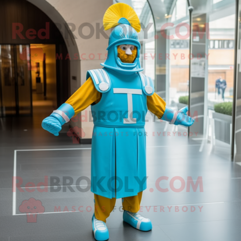 Cyan Swiss Guard mascot costume character dressed with a Jumpsuit and Headbands Cyan Swiss Guard mascot costume character dressed with a Jumpsuit and Headbands