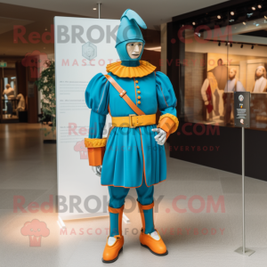 Cyan Swiss Guard mascot costume character dressed with a Jumpsuit and Headbands