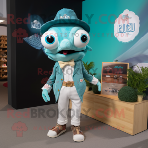 Teal Ceviche mascot costume character dressed with a Oxford Shirt and Shoe clips