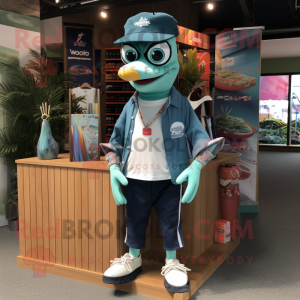 Teal Ceviche mascot costume character dressed with a Oxford Shirt and Shoe clips