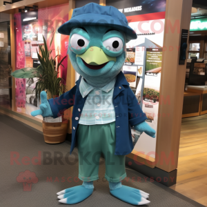 Teal Ceviche mascot costume character dressed with a Oxford Shirt and Shoe clips