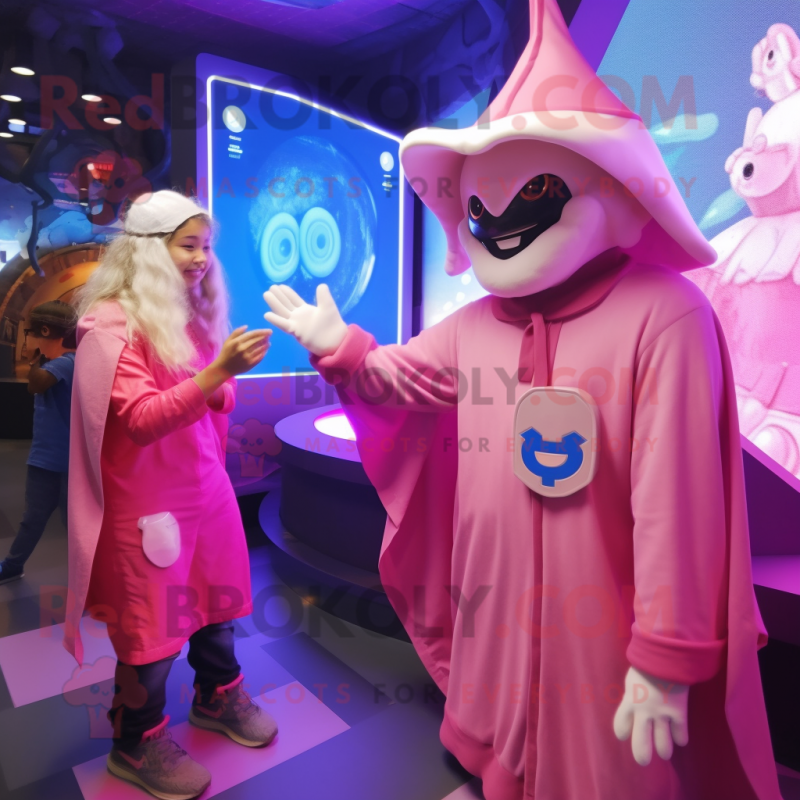 Pink Wizard mascot costume character dressed with a Jacket and Watches