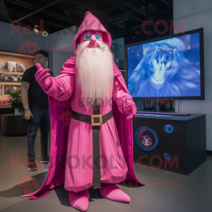 Pink Wizard mascot costume character dressed with a Jacket and Watches